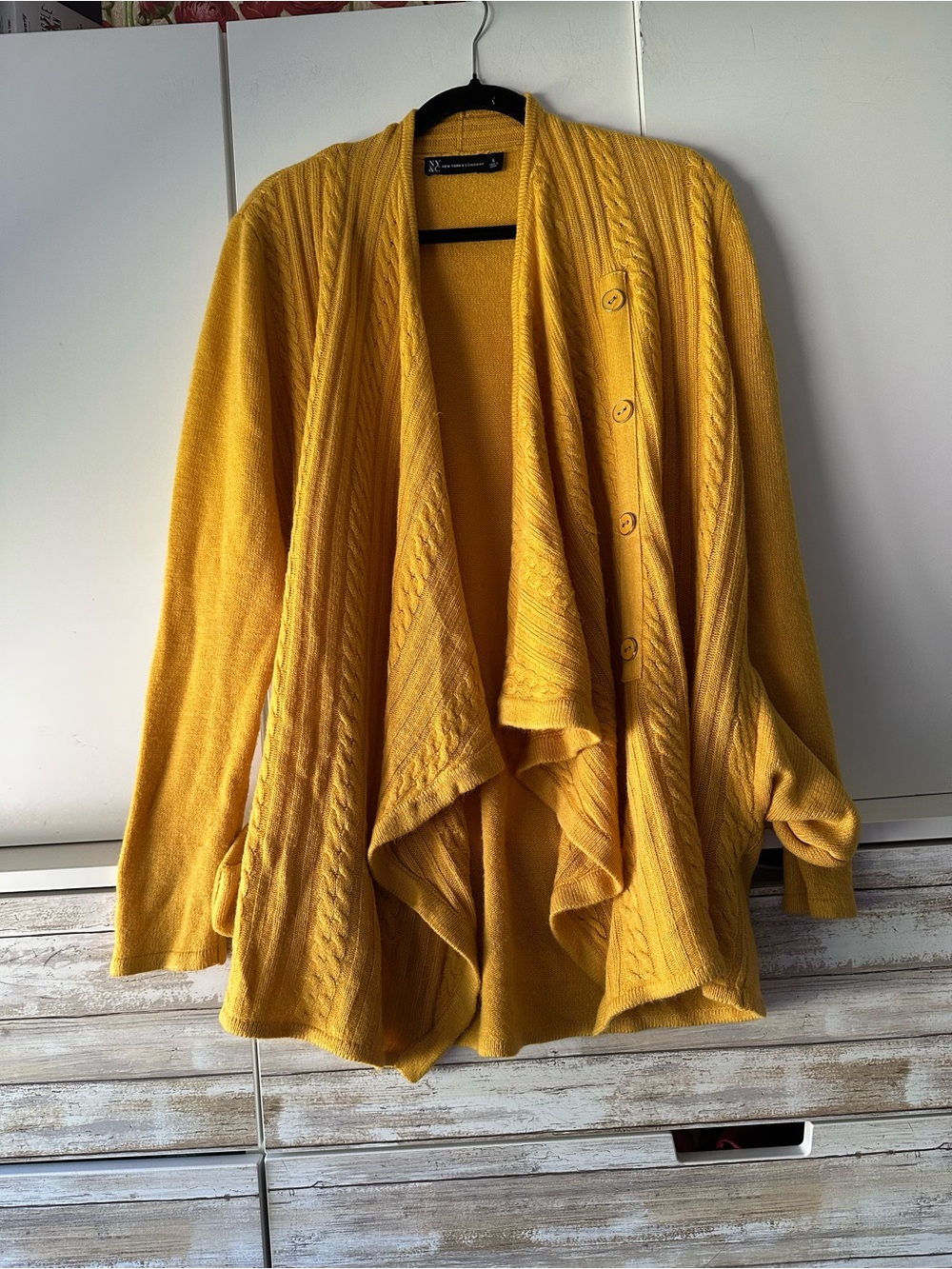 🧶 New York & Company Mustard Yellow Cable Knit Draped Cardigan Size L